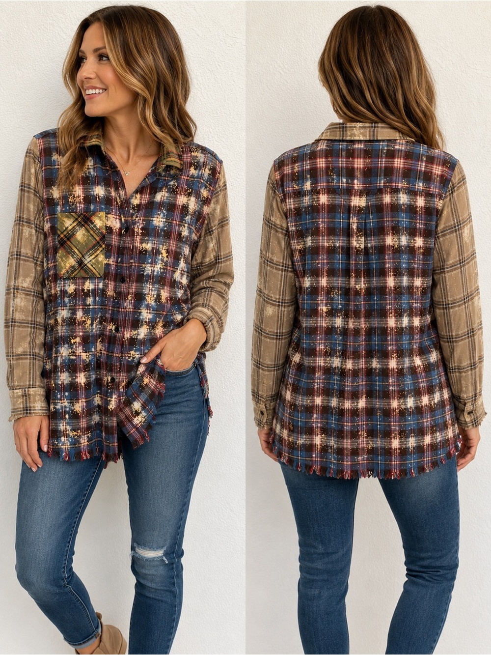 One 24 Rags Distressed Bleached Patchwork Plaid Flannel Shirt Frayed Edge - M